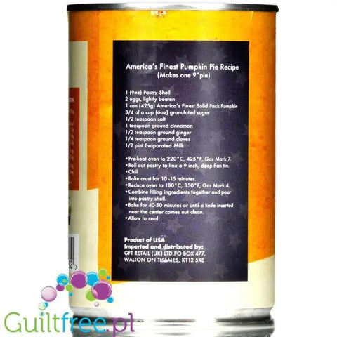 Guiltfree America's Finest 100% puree z dyni w puszce z nadrukowanym przepisem na ciasto dyniowe