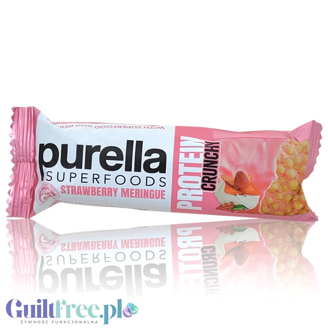 Baton proteinowy Guiltfree Purella o smaku truskawkowej bezy z jagodami goji w różowym opakowaniu