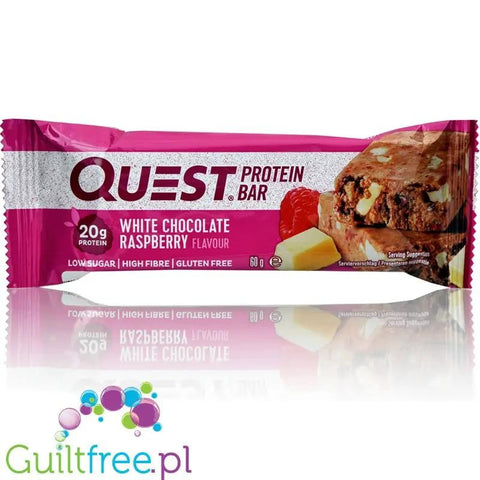 Baton proteinowy Guiltfree Quest Bar o smaku białej czekolady z malinami, 60g, bogaty w białko i błonnik.
