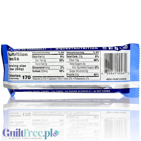 Tylna strona opakowania batona białkowego Guiltfree Quest Bar Blueberry Muffin z widoczną tabelą wartości odżywczych