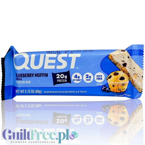 Guiltfree baton białkowy Quest Bar o smaku muffinki jagodowej w niebieskim opakowaniu z widocznym składem i grafiką