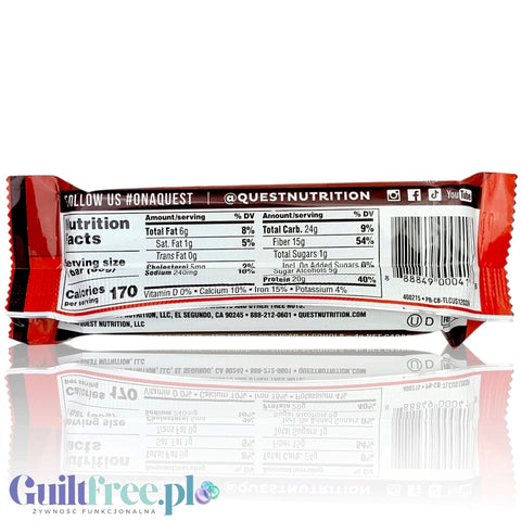 Tylna strona opakowania batona proteinowego Guiltfree Quest Bar Chocolate Brownie z tabelą wartości odżywczych