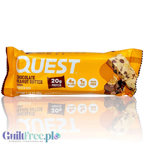 Baton proteinowy Guiltfree Quest Bar o smaku czekolady i masła orzechowego w żółtym opakowaniu z 20g białka