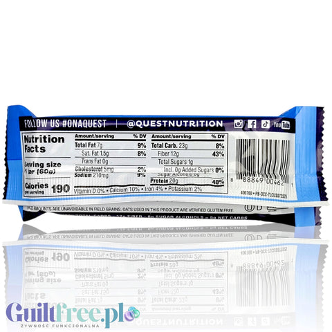 Tylna strona opakowania batona proteinowego Guiltfree Quest Bar Oatmeal Chocolate Chip z tabelą wartości odżywczych