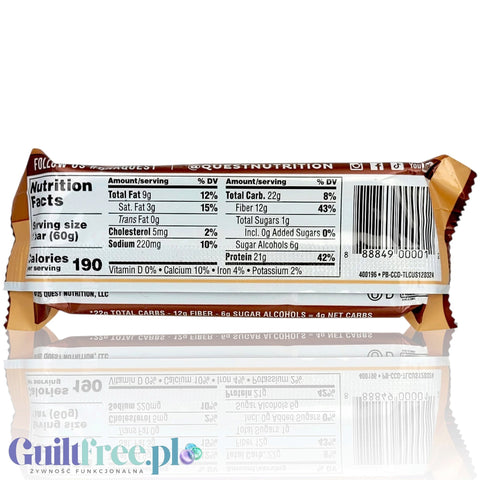 Tylna strona opakowania batona proteinowego Guiltfree Quest Bar z widoczną tabelą wartości odżywczych i kodem kreskowym