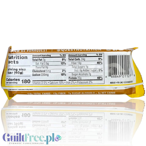 Guiltfree Quest Bar Lemon Cake, tył opakowania z tabelą wartości odżywczych i kodem kreskowym