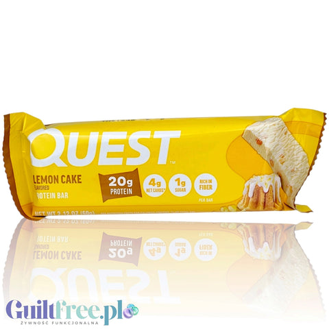 Guiltfree Quest Bar Lemon Cake, baton proteinowy o smaku cytrynowego ciasta z 20g białka, bez sukralozy.