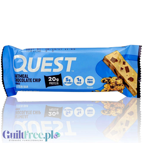 Baton proteinowy Guiltfree Quest Bar Oatmeal Chocolate Chip z 20g białka w niebieskim opakowaniu