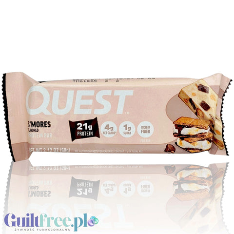 Baton proteinowy Guiltfree Quest Bar o smaku S'mores z czekoladą i piankami marshmallow, 20g białka w opakowaniu 60g.