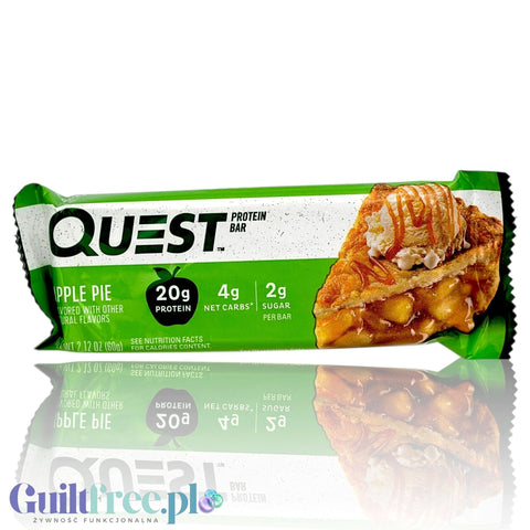 Baton proteinowy Guiltfree Quest Bar o smaku szarlotki w zielonym opakowaniu z grafiką kawałka ciasta jabłkowego