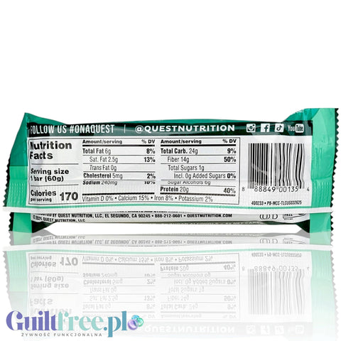 Tabela wartości odżywczych na opakowaniu batonu proteinowego Guiltfree Quest Bar Mint Chocolate Chunk