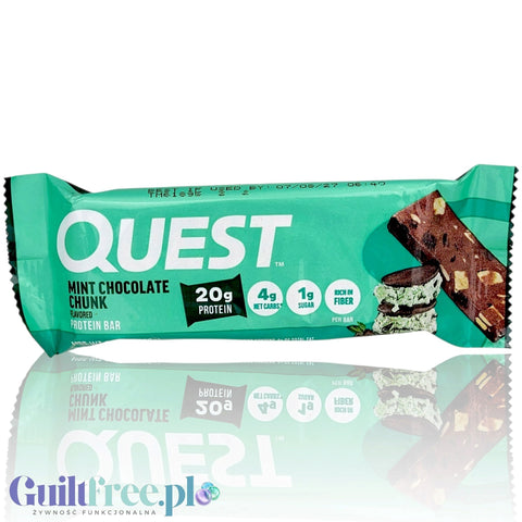 Baton proteinowy Guiltfree Quest Mint Chocolate Chunk z 20g białka w miętowym opakowaniu