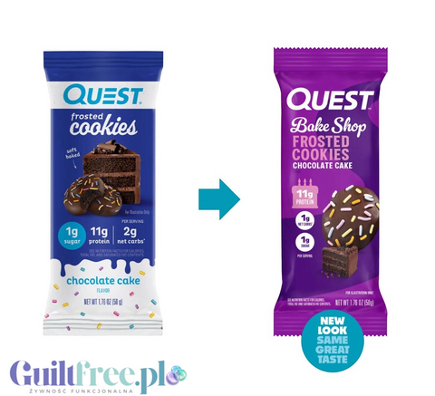Guiltfree Quest Frosted Cookies Chocolate Cake w dwóch wersjach opakowania, czekoladowe ciastka z kolorową posypką.