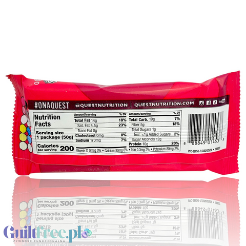 Tylna strona opakowania Guiltfree Quest Nutrition Protein Frosted Cookies z tabelą wartości odżywczych i kodem kreskowym