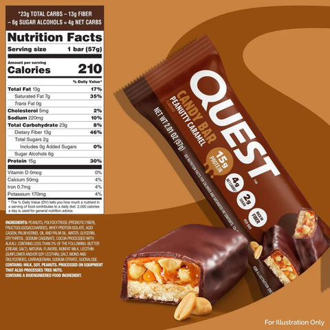 Guiltfree Quest Nutrition Peanutty Caramel protein bar with chocolate, caramel, and peanuts, showing nutrition facts.