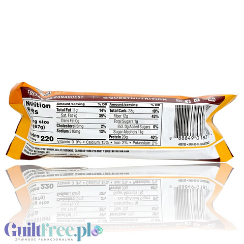 Tylna strona opakowania batona proteinowego Guiltfree Quest Nutrition Stacks Salted Caramel z tabelą wartości