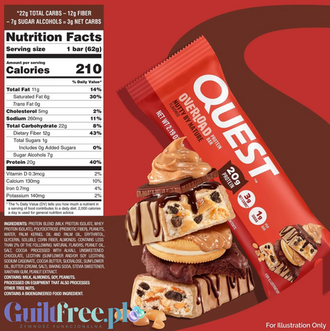 Zestaw 12 batonów proteinowych Guiltfree Quest Overload Nutty By Nature z orzechami, migdałami i czekoladą.