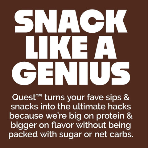 Guiltfree promotional graphic with white text on brown background about Quest Nutrition protein snacks