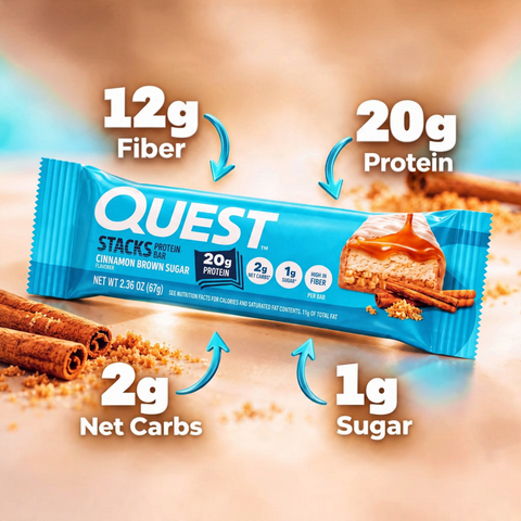 Guiltfree Quest Stacks Cinnamon Brown Sugar baton proteinowy z cynamonem, karmelem i informacjami o wartościach