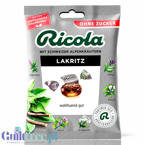 Opakowanie cukierków Ricola Lakritz bez cukru z ekstraktem z lukrecji i 13 alpejskimi ziołami od Guiltfree