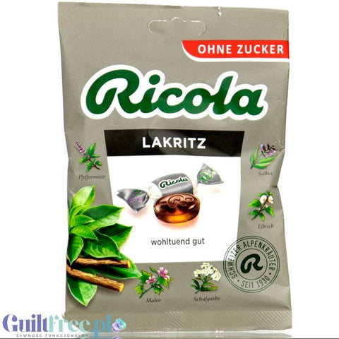 Opakowanie cukierków Ricola Lakritz bez cukru z ekstraktem z lukrecji i 13 alpejskich ziół w ofercie Guiltfree
