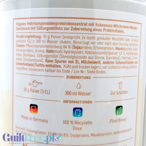 Etykieta Guiltfree Rocka Nutrition z informacjami o wegańskiej odżywce białkowej o smaku kokosowo-migdałowym