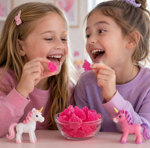 Dwie dziewczynki jedzą różowe wegańskie żelki Sweet Switch Unicorns w kształcie jednorożców o smaku truskawkowym.