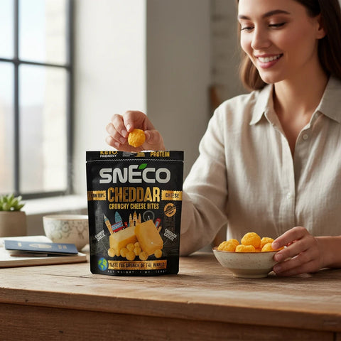 Kobieta je chrupiące kosteczki sera cheddar SNECO z oferty Guiltfree, idealna keto przekąska wysokobiałkowa.