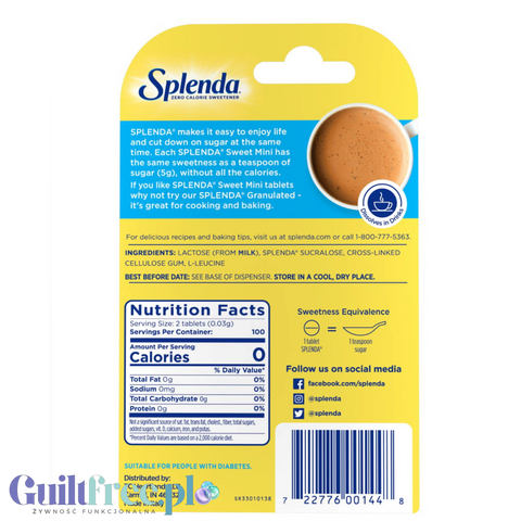 Tył opakowania słodzika w tabletkach Guiltfree Splenda Minis z informacjami o wartościach odżywczych i składzie