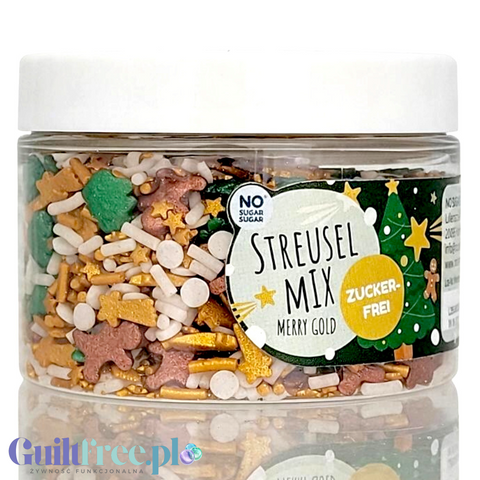 Guiltfree NO SUGAR SUGAR Streuselmix Merry Gold w przezroczystym słoiczku z bożonarodzeniowymi kształtami bez cukru