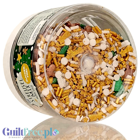 Guiltfree NO SUGAR SUGAR Streuselmix Merry Gold w przezroczystym opakowaniu z gwiazdkami i złotymi elementami