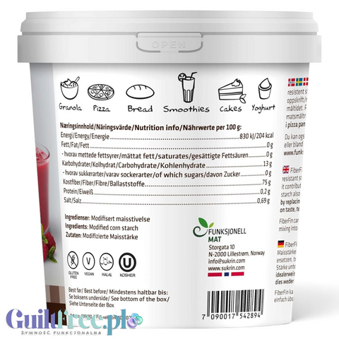 Guiltfree Sukrin FiberFin biała mąka bogata w błonnik w plastikowym opakowaniu z tabelą wartości odżywczych