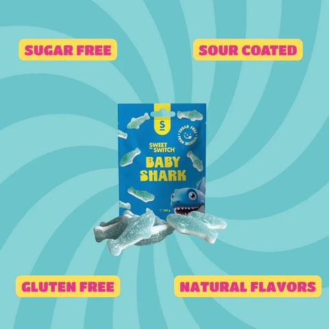 Wegańskie żelki bez cukru Guiltfree Sweet Switch Baby Shark o smaku borówki w kształcie niebieskich rekinów