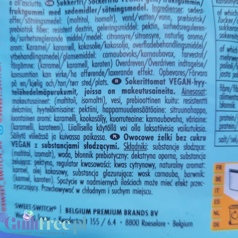 Etykieta z tyłu opakowania wegańskich żelków Guiltfree Sweet Switch Cola Zero z listą składników i wartościami odżywczymi