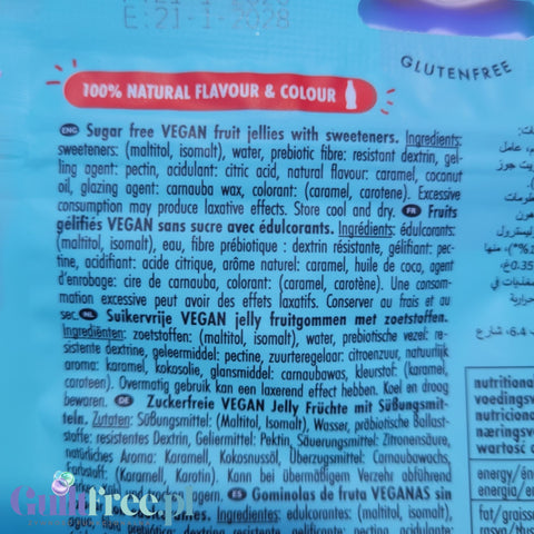 Tylna strona opakowania wegańskich żelek Guiltfree Sweet Switch Cola Zero z listą składników i informacjami