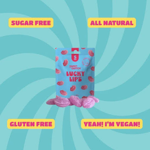 Guiltfree Sweet Switch Lucky Lips wegańskie żelki malinowe bez cukru w różowym opakowaniu z kształtem ust
