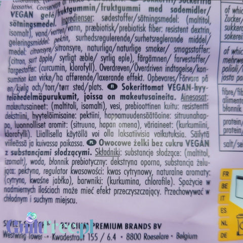 Etykieta z tyłu opakowania wegańskich żelków Guiltfree Sweet Switch Sour Worms z informacjami o składzie i wartościach