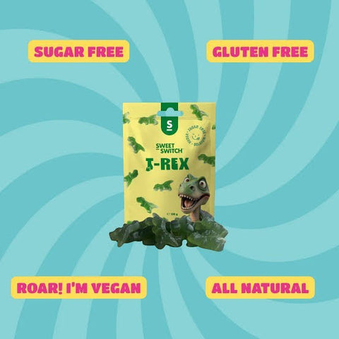 Opakowanie wegańskich żelek bez cukru Sweet Switch T-Rex o smaku jabłkowym z zielonymi dinozaurami w ofercie Guiltfree