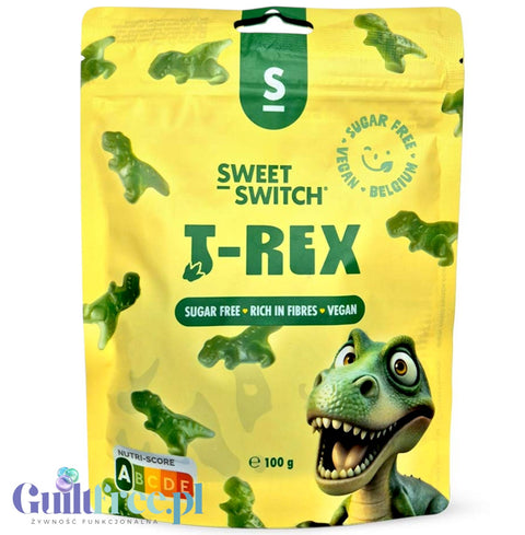 Opakowanie wegańskich żelków bez cukru Guiltfree Sweet Switch T-Rex o smaku zielonego jabłka w kształcie dinozaurów