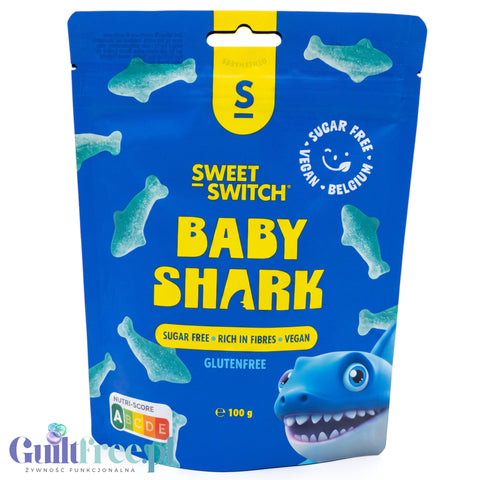 Opakowanie wegańskich żelek bez cukru Guiltfree Sweet Switch Baby Shark o smaku borówkowym w kształcie rekinów
