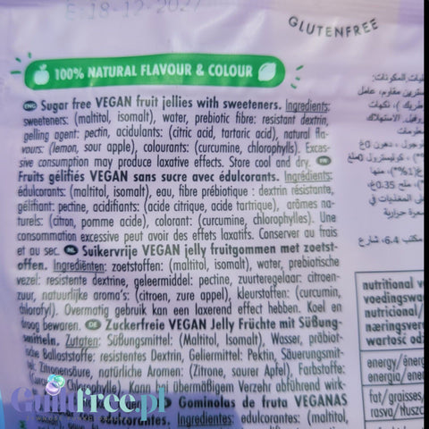 Skład wegańskich żelków Guiltfree Sweet Switch Sour Worms bez cukru i żelatyny z informacją o naturalnych barwnikach
