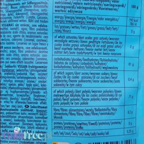 Tabela wartości odżywczych na opakowaniu wegańskich żelków Sweet Switch Yummy Bears marki Guiltfree