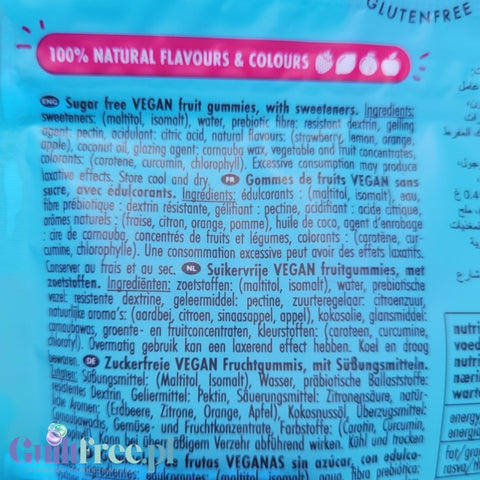 Opakowanie wegańskich żelków Guiltfree Sweet Switch Yummy Bears z informacją o naturalnych składnikach i braku cukru
