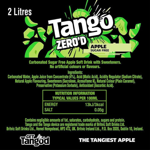 Guiltfree Tango Sugar Free Apple to gazowany napój jabłkowy bez cukru i kalorii w butelce o pojemności 2 litrów.