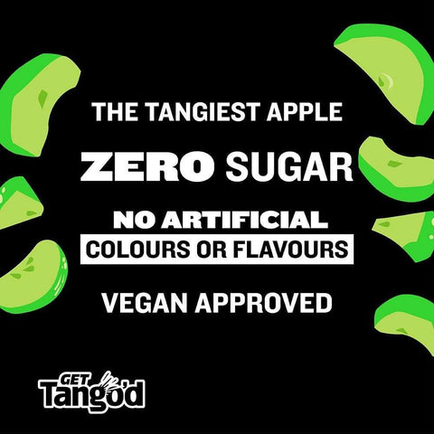 Grafika promocyjna Guiltfree dla napoju Tango Sugar Free Apple z informacją o braku cukru i sztucznych dodatków.
