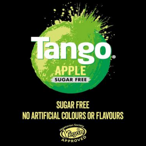 Logo napoju Guiltfree Tango Sugar Free Apple z grafiką zielonego jabłka na czarnym tle
