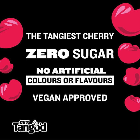 Grafika promocyjna Guiltfree dla napoju Tango Sugar Free Cherry z wiśniami i informacją o braku cukru oraz barwników.