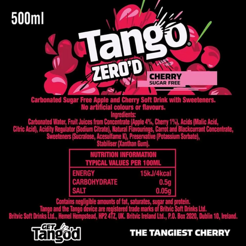 Guiltfree Tango Sugar Free Cherry to gazowany napój wiśniowy bez cukru w puszce 500ml z czytelnym składem na etykiecie