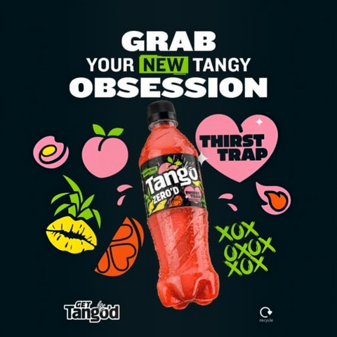 Butelka napoju Guiltfree Tango Zero'd Thirst Trap o smaku brzoskwini, ananasa i pomarańczy na graficznym tle.