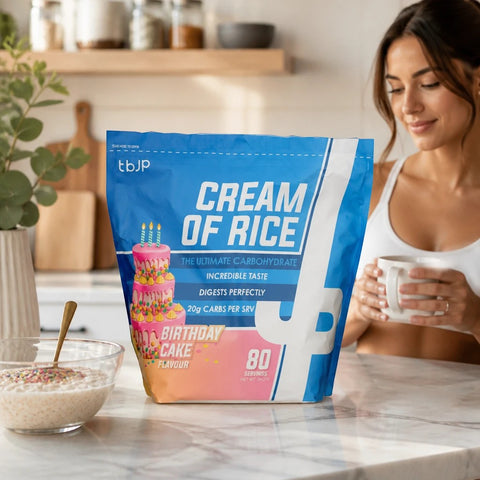 Opakowanie Guiltfree TBJP Cream of Rice o smaku tortu urodzinowego na kuchennym blacie obok miseczki z kleikiem